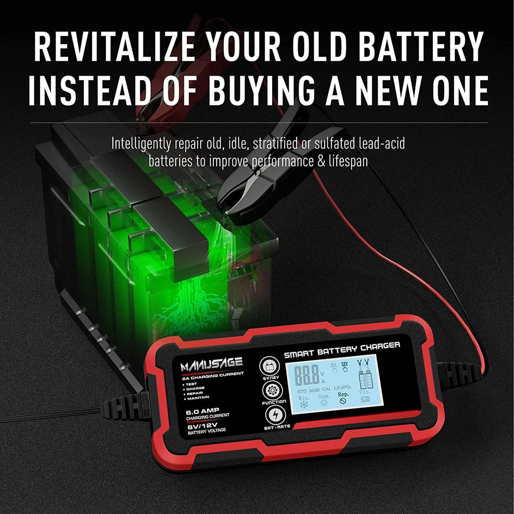 Manusage 10-Amp Fully-Automatic Smart Charger, 6V and 12V Portable Automotive Car Battery Charger, Battery Maintainer, Trickle Charger,Battery Desulfator with Temperature Compensation, AGM,Deep Cycle