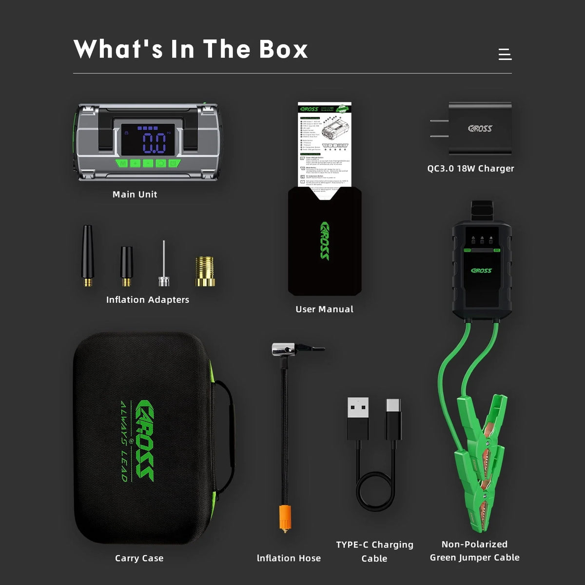 CAROSS T14 Jump Starter with 150 PSI Air Compressor, 2000A Peak 20000mAh (up to 8L Gas or 6L Diesel Engines) Patented Green Jumper Cable, USB QC 3.0 Quick Charge, 3.6'' Big Screen, 3 Light modes