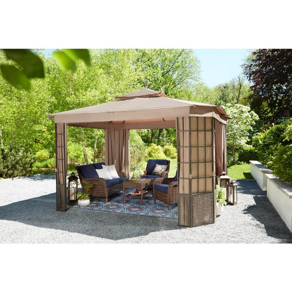 Hampton Bay Cambridge Brown Wicker Outdoor Patio Swivel Rocking Chair with CushionGuard Midnight Navy Blue Cushions 65-17148B4