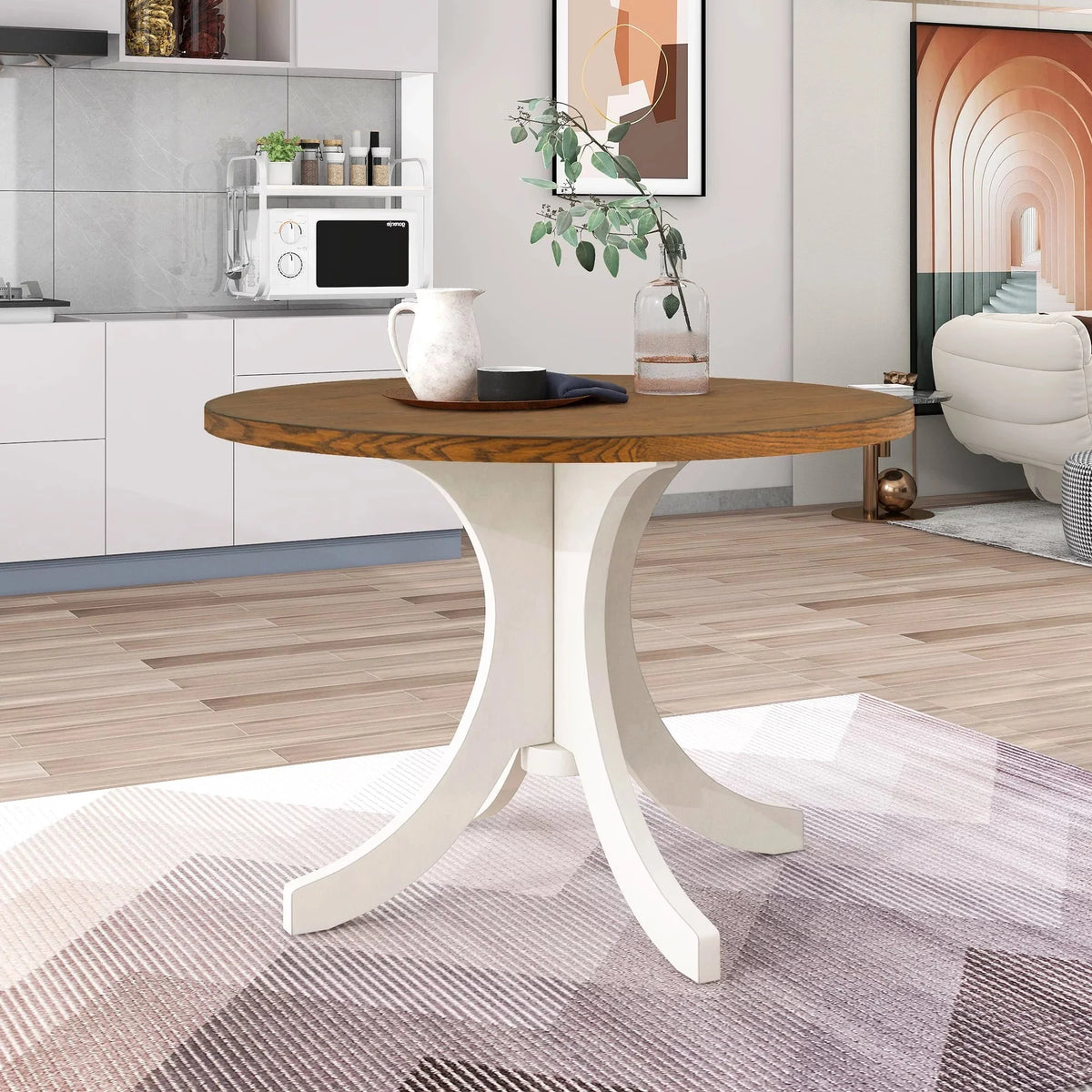 Llinc Store Mid-Century Solid Wood 5-Piece Round Dining Table Set for 4 Kitchen Table Set with Upholstered Chairs for Small Places Walnut Table+Beige Chair
