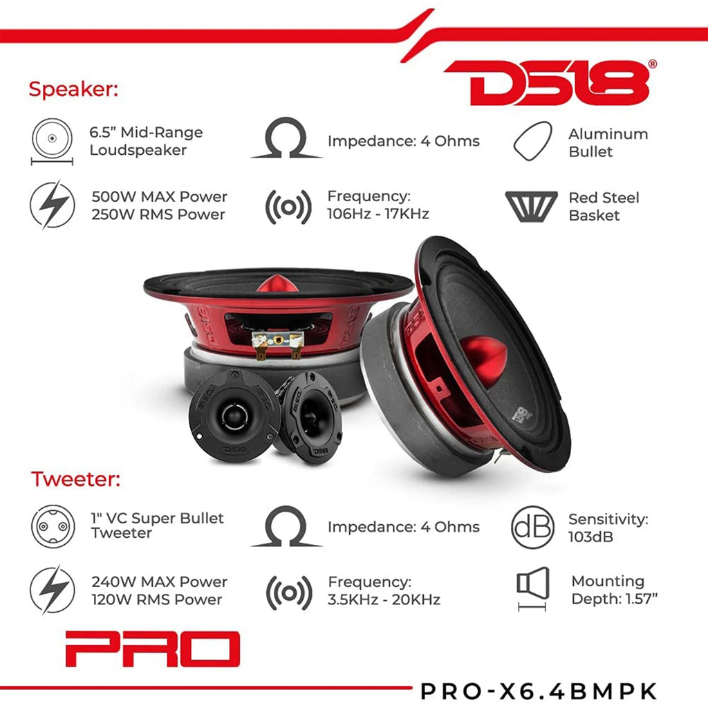 DS18 PRO-X6.4BMPK Mid and High Range Car Door speaker and Tweeter Package (Used)