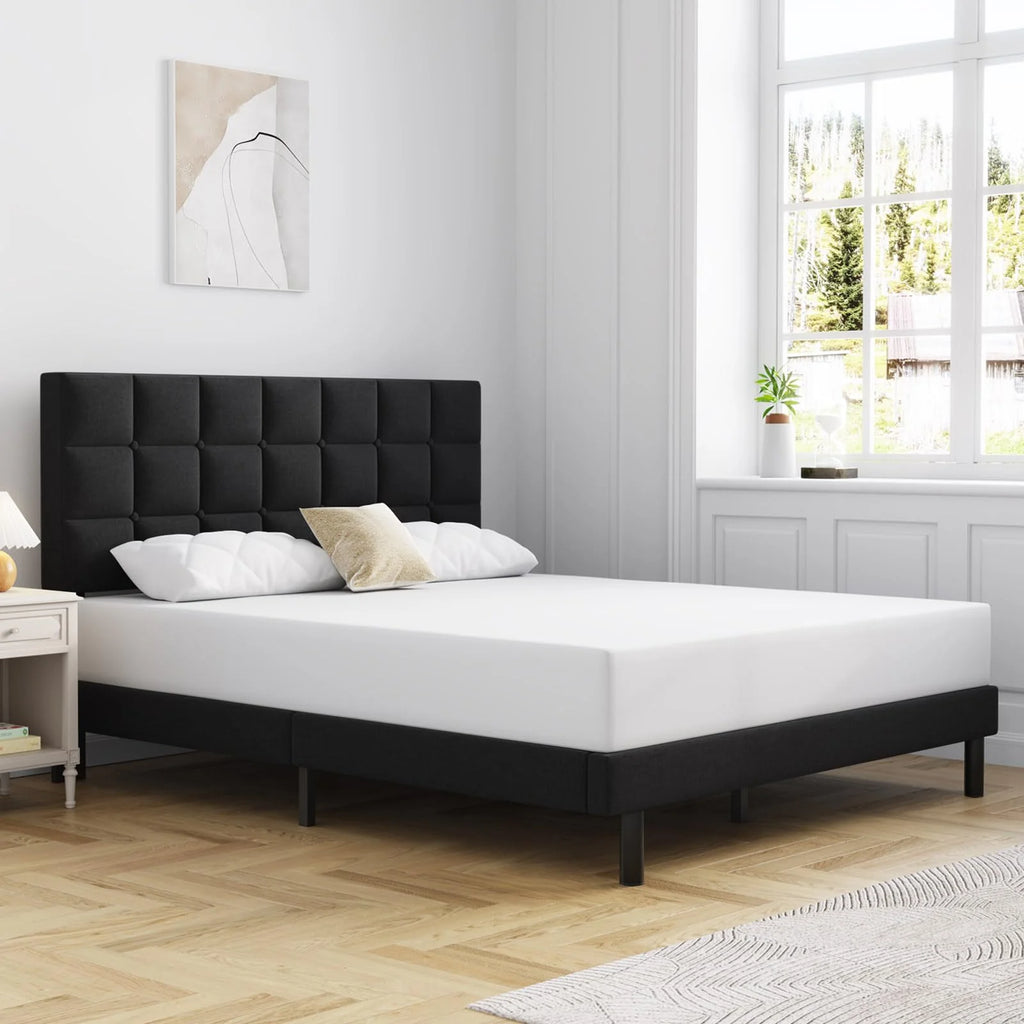 Molblly Full Bed Frame Upholstered Platform with Headboard and Strong Wooden Slats, Non-Slip and Noise-Free,No Box Spring Needed, Easy Assembly,Black