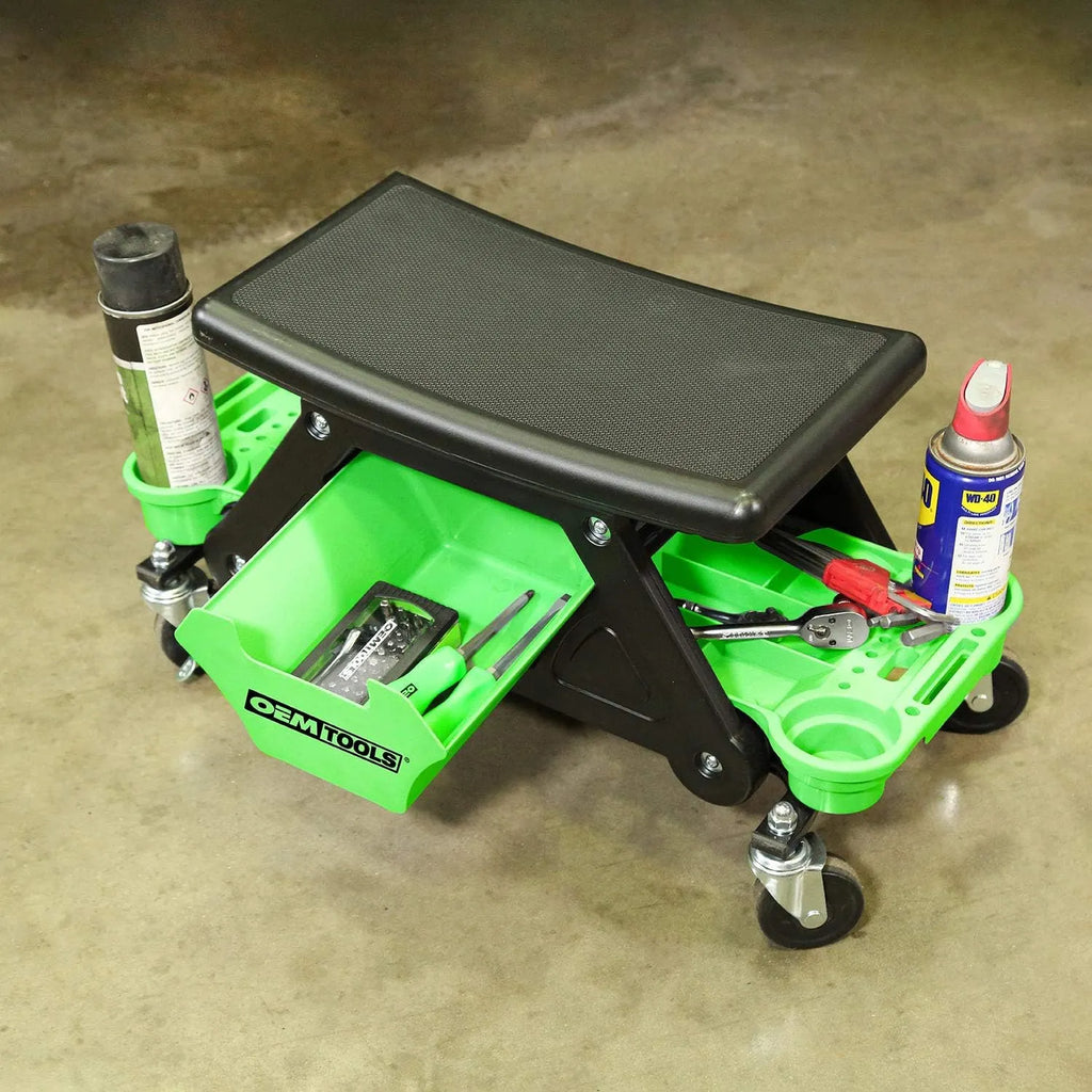 24986 Heavy-Duty Rolling Workbench and Creeper Seat, Mechanics Stool with Wheels, Creepers, Shop Stools with Wheels, Automotive, Green and Black 300 LB Capacity