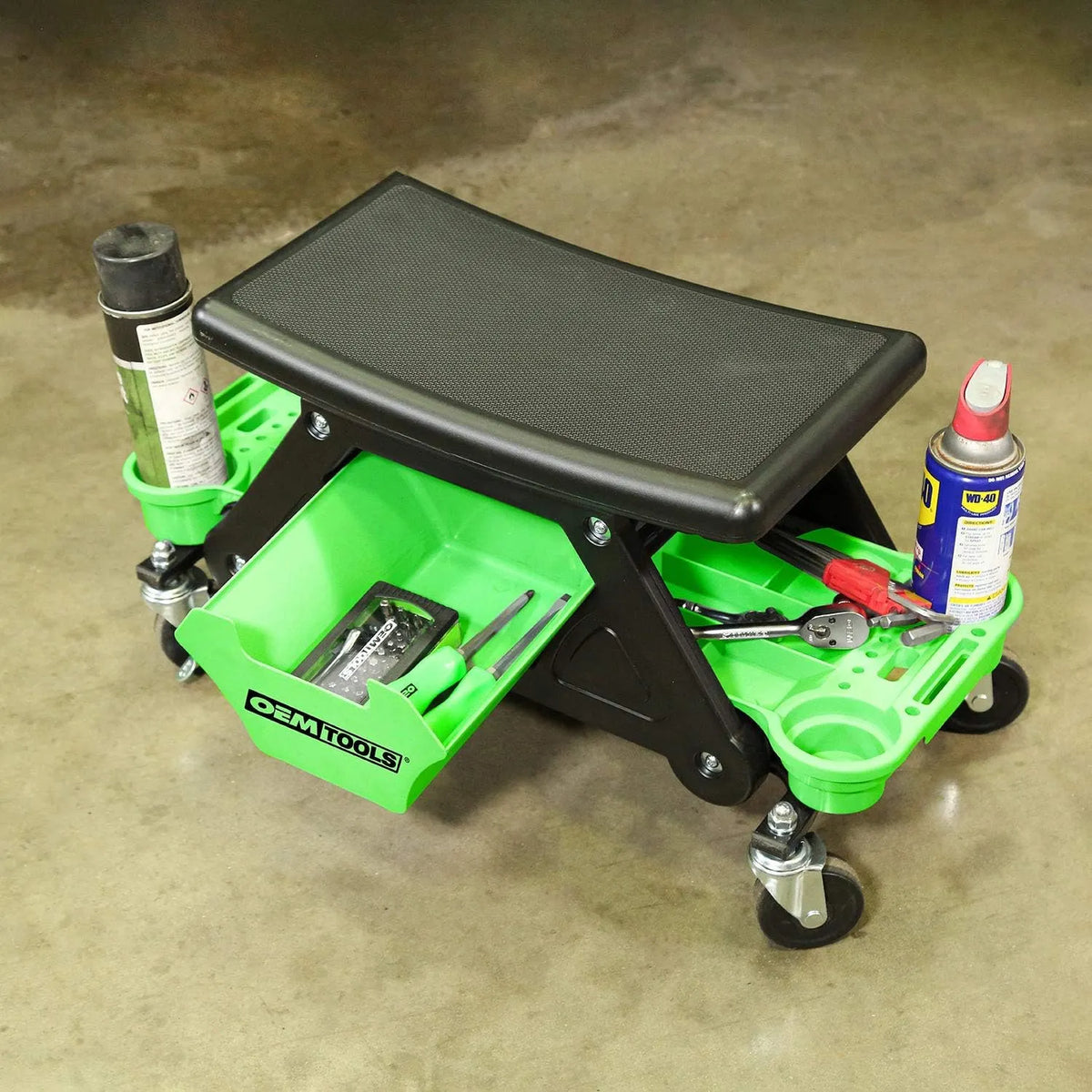 24986 Heavy-Duty Rolling Workbench and Creeper Seat, Mechanics Stool with Wheels, Creepers, Shop Stools with Wheels, Automotive, Green and Black 300 LB Capacity