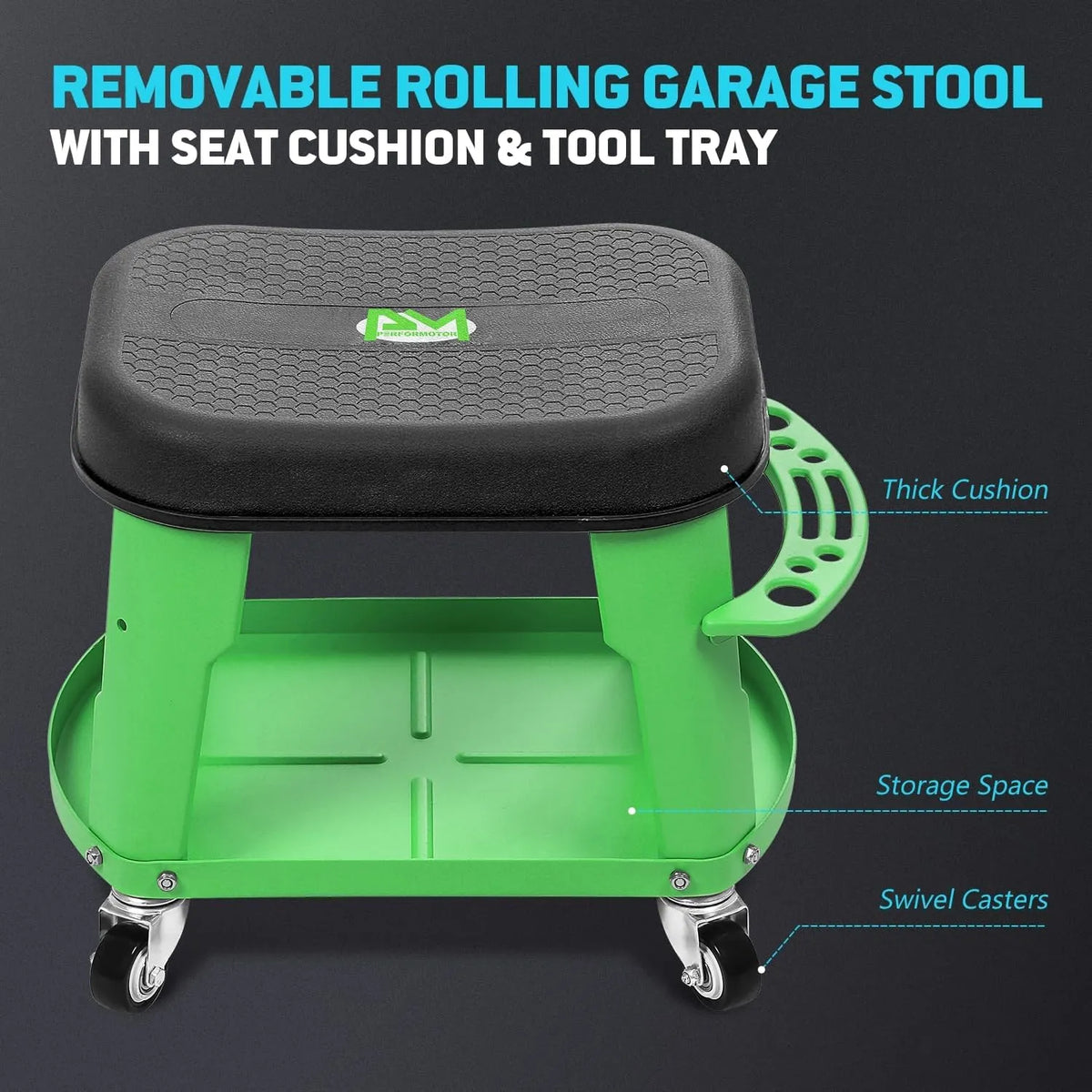 Adjustable Height Pneumatic Garage Seat Rolling Mechanic Stool with Tool Tray Storage,300lbs Max Weight Capacity, Green,PM-TOL-RTS-GR