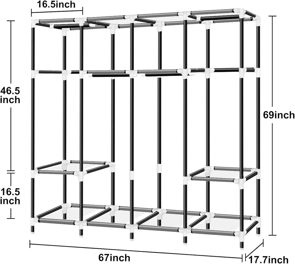 Portable Closet, 67 Inch Wardrobe Closet for Hanging Clothes with 4 Hanging Rods, 25mm Steel Tube Clothes Storage Organizer for Extra Sturdy, Quick and Easy to Assembly, Gray Cover