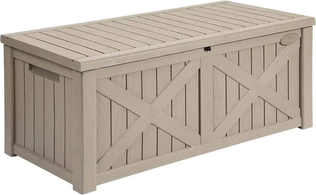 120 Gallon Outdoor Storage Deck Box with Cushion, Large Resin Patio Storage for Outdoor Pillows, Garden Tools and Pool-Supplies, Waterproof, Lockable (Taupe)