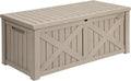 120 Gallon Outdoor Storage Deck Box with Cushion, Large Resin Patio Storage for Outdoor Pillows, Garden Tools and Pool-Supplies, Waterproof, Lockable (Taupe)