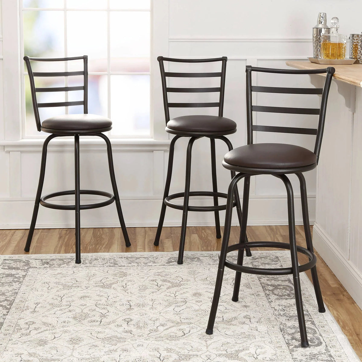 Mainstays Adjustable 24 or 29 Swivel Bar stool， Bronze Finish and PU Leather， Set of 3