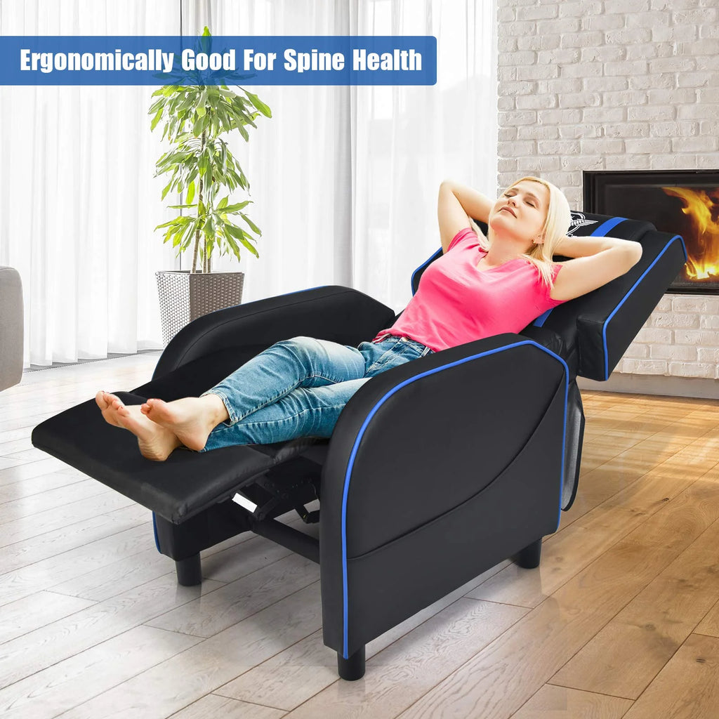 POWERSTONE Gaming Recliner Chair, Reclining Gaming Chair Ergonomic Leather Sofa with Footrest Lumbar Support Headrest and Side Pouch for Living Room Home Theater, Blue