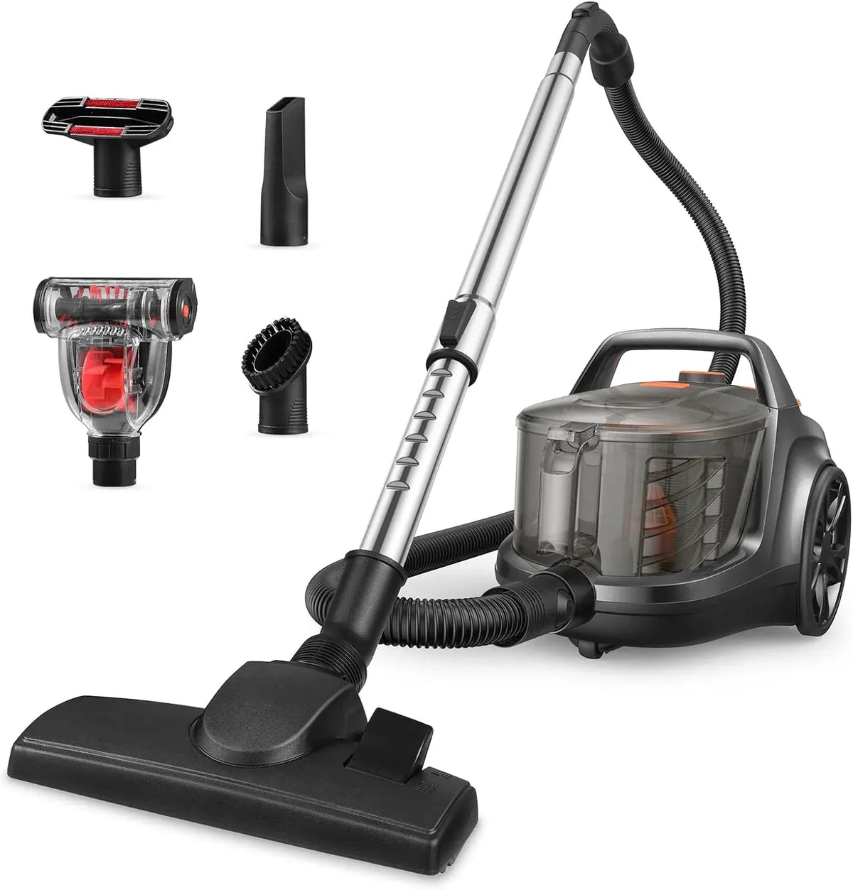 Orgtoy 24Kpa Canister Vacuum Cleaner, 1200W Bagless Canister Vacuum with 2 HEPA Filters, 5 Brushes, Automatic Cord Rewind, Variable Speed for Hard Floors, Hardwood, Cars, 3.5L, Black