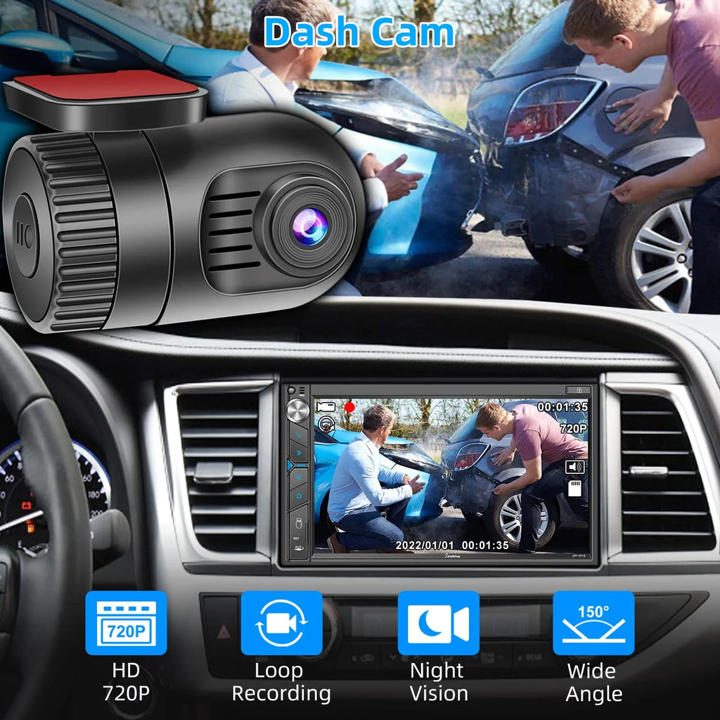 Double Din Car Stereo with Dash Cam - Voice Control Carplay, Android Auto, Steering Wheel Controls, 7 HD Touchscreen, Backup Camera, Bluetooth, Mirror Link, Subw, USB/TF/AUX, AM/FM Radio Receiver