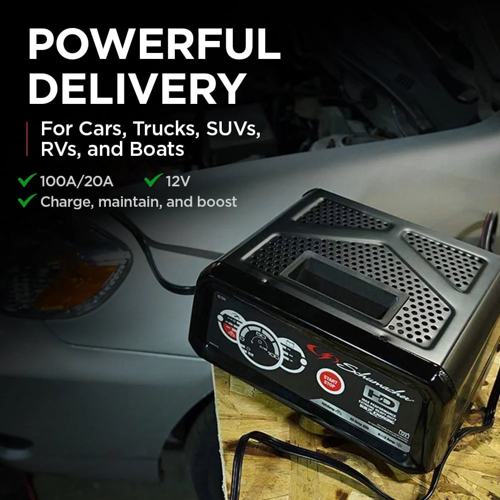 Schumacher Fully Automatic Battery Charger, Engine Starter, Maintainer and Auto Desulfator- 100 Amp/20 Amp, 12V