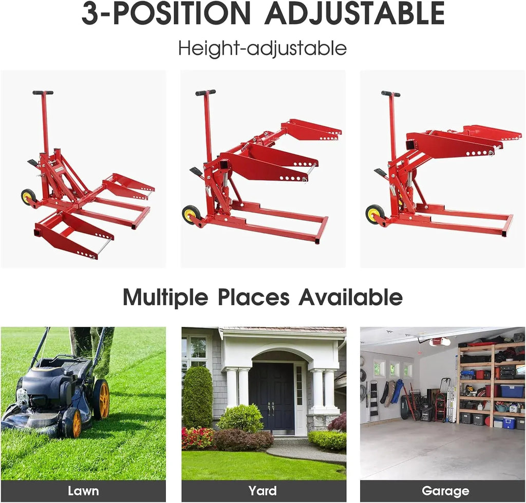 Garvee Hydraulic Lawn Mower Lift Jack, 550 Lb Capacity, Heavy Duty Steel Tractor Lift with Adjustable Wheel Span, Up to 23 Lifting Height for Zero Turn, Riding Mowers, Lawn Tractors, Red