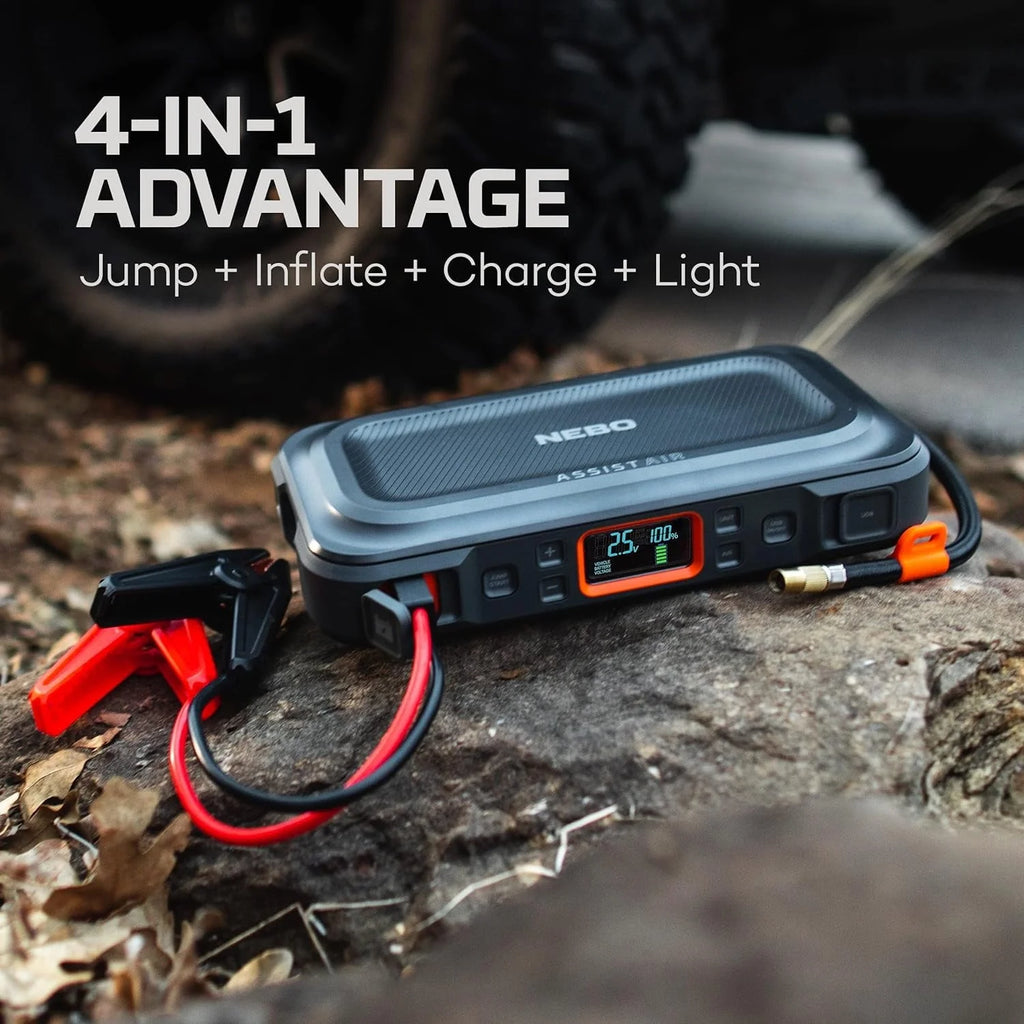 NEBO 4-in-1 Assist Air Jump Starter, Portable Car Battery Charger, Emergency USB Power Bank with Tire Pump, Interchangeable Air Nozzles, 310 Lumen Floodlight