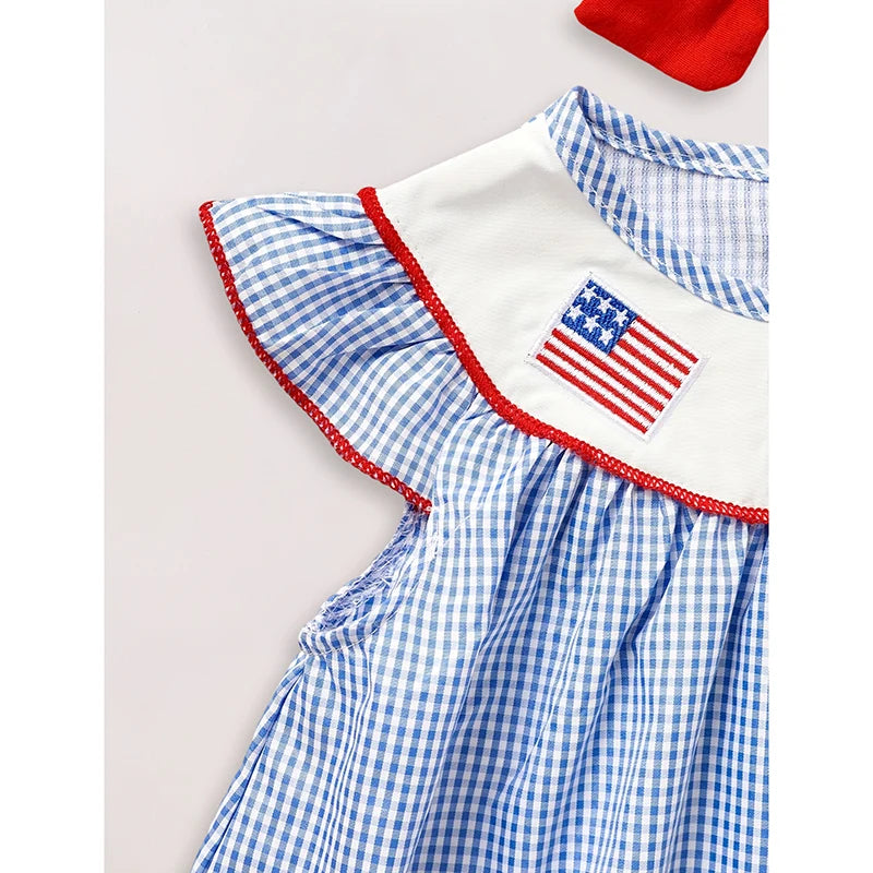 Baby Girls 4th Of July Dress Gingham American Flag White Blue Color Block Independence Day Dresses