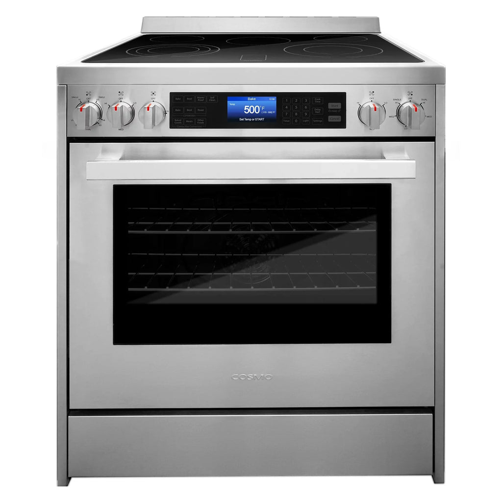 Cosmo 4 Piece Kitchen Appliance Packages with 30 Freestanding Electric Range 30 Wall Mount Hood 24 Built-in Integrated Dishwasher & French Door Refrigerator Kitchen Appliance Bundles