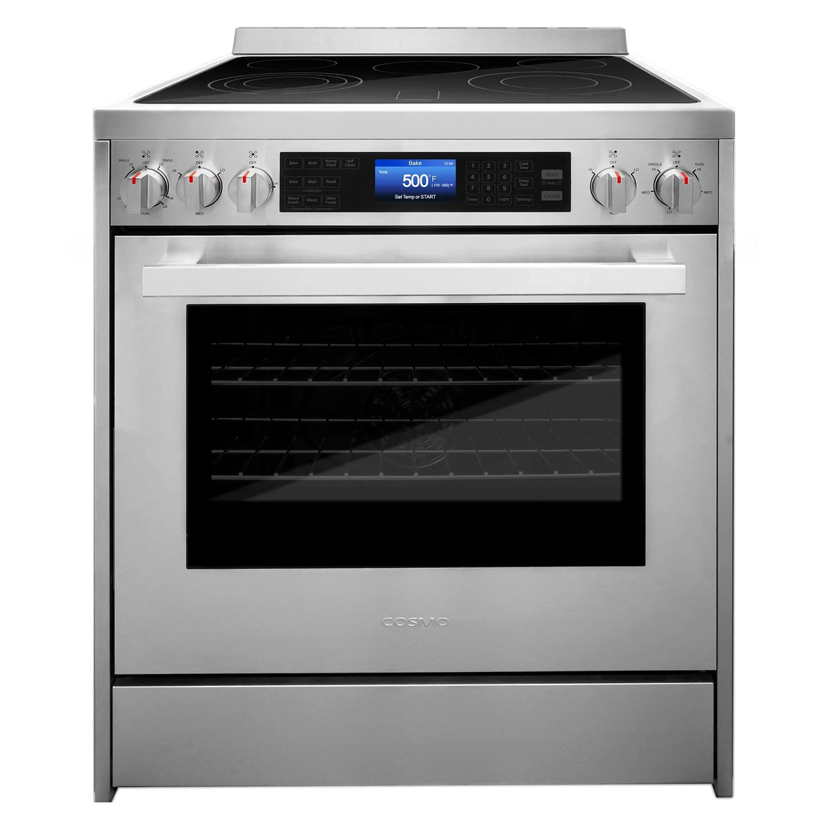 Cosmo 4 Piece Kitchen Appliance Packages with 30 Freestanding Electric Range 30 Wall Mount Hood 24 Built-in Integrated Dishwasher & French Door Refrigerator Kitchen Appliance Bundles